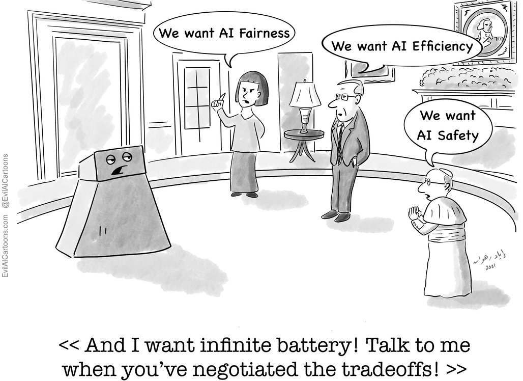 A comic from Evil AI Cartoons in black and white where three people are voicing their wants to a computer (e.g., we want AI fairness). The computer responds, 'And I want infinite battery! Talk to me when you've negotiated tradeoffs!'.